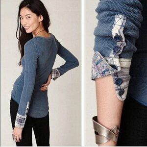 FREE PEOPLE Y2K  We the Free Lou Flannel Cuff Thermal Top Waffle Blue, S Small